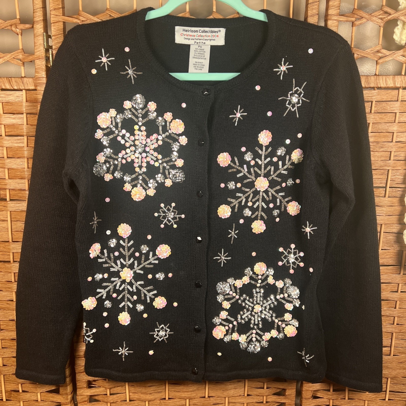 Vtg Heirloom Collectibles Christmas Snowflake Sweater Black Size P Small